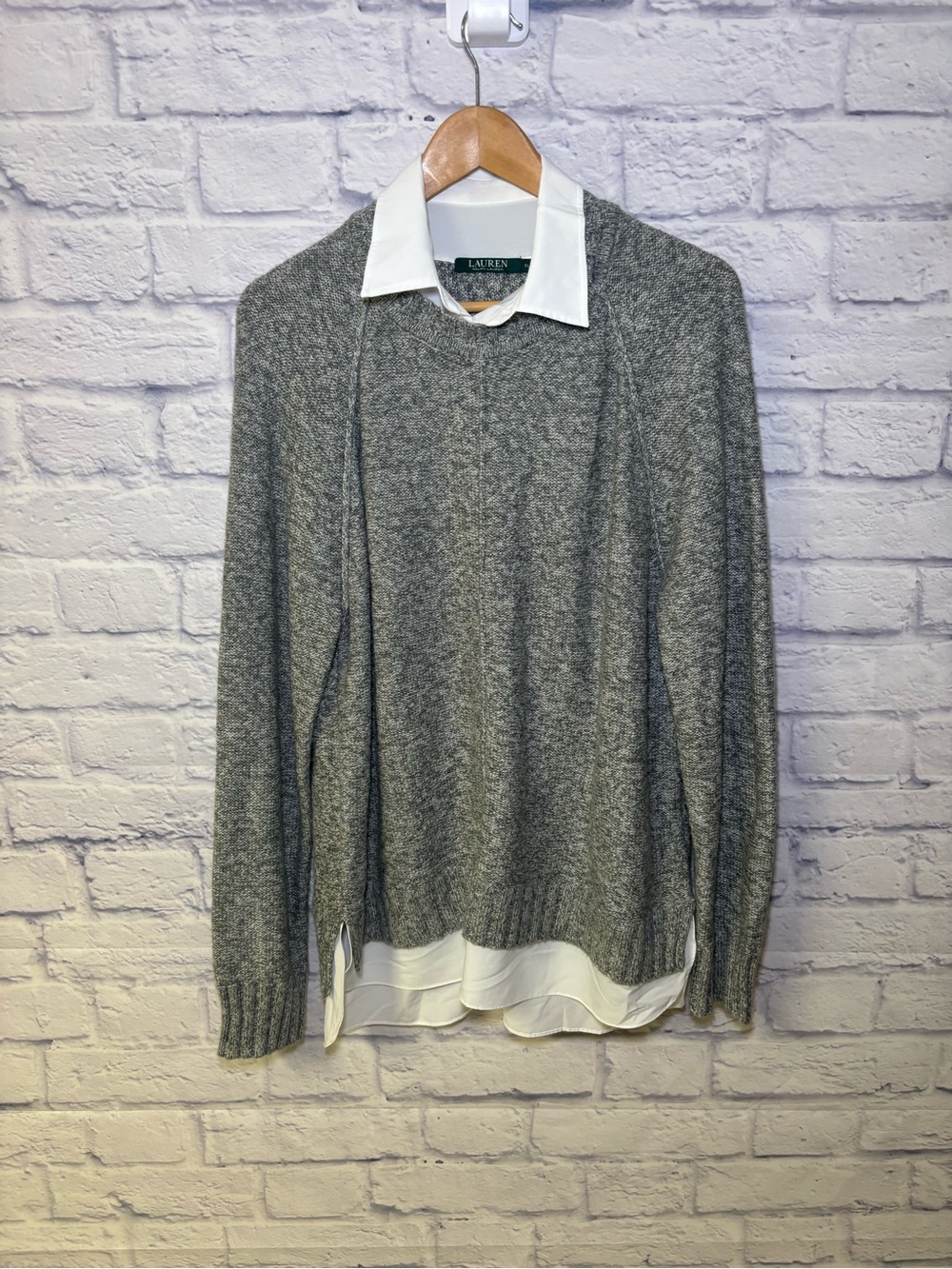 Lauren Ralph Lauren Layered-Look Sweater Women's XL Preppy Classic Cotton Gray